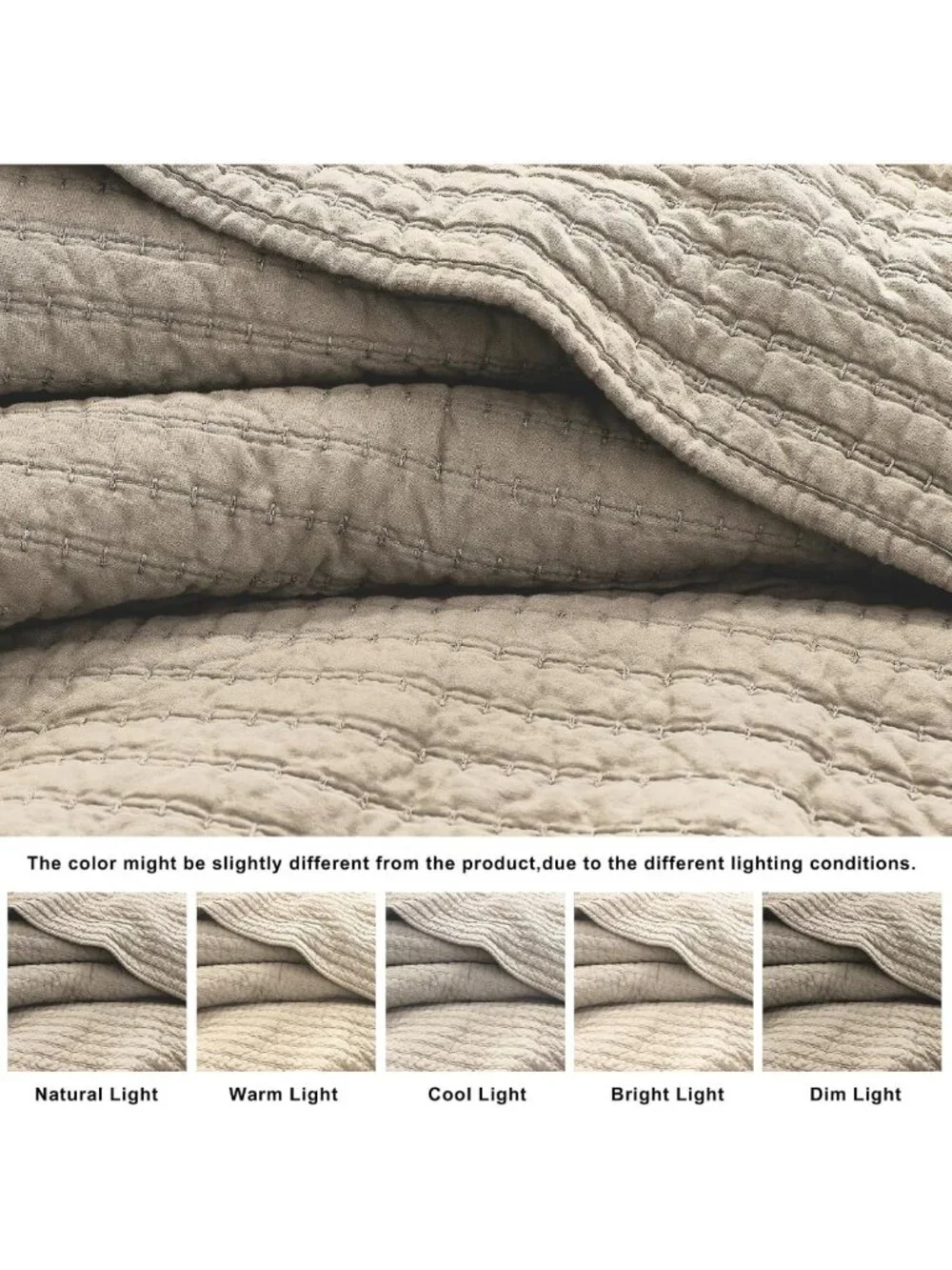 100% Cotton King Size Quilt Set, Channel Pick Stitch Design, Beige Flax Color